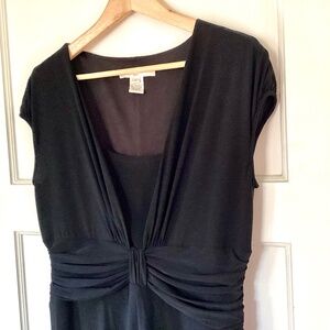 Evan Picone Black A-line Ruched Waist Cap Sleeve V-neck Dress Size 12 Slimming
